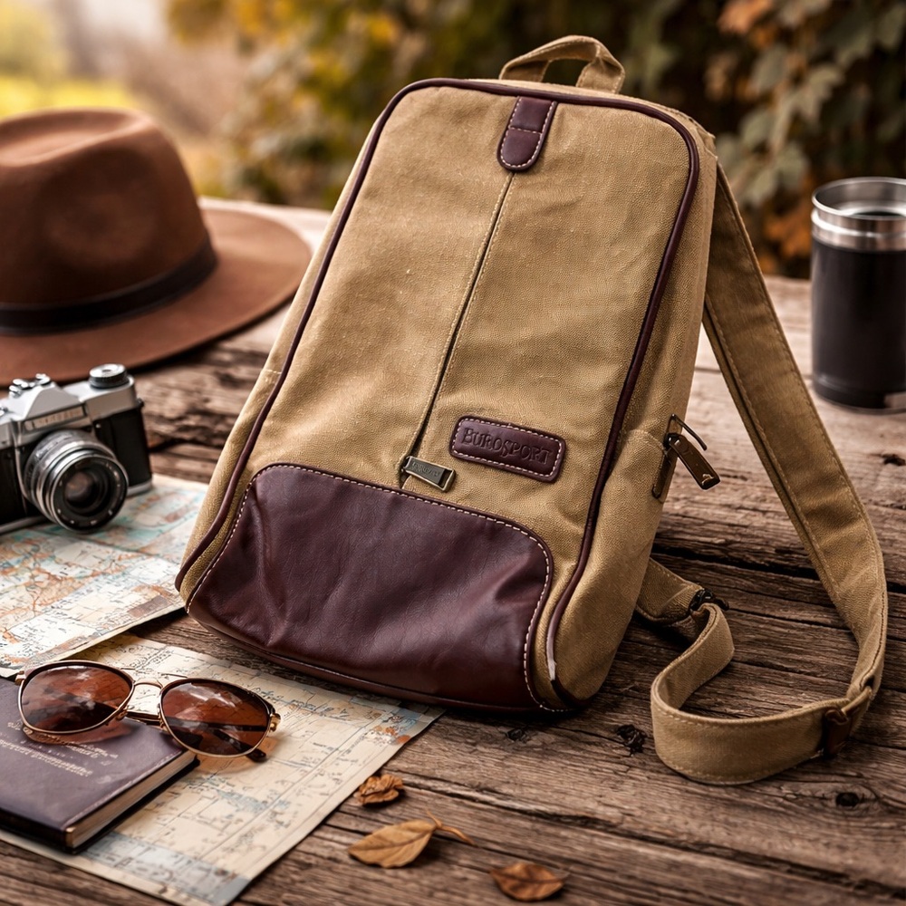 Eurosport Canvas‎ Sling Backpack Tan Brown Faux Leather Zip Vintage Travel